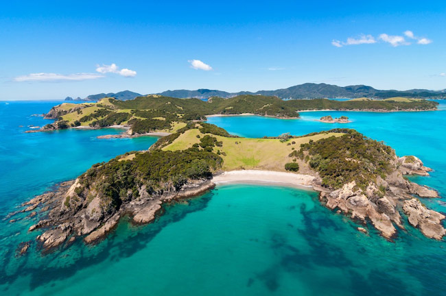 Aerial view of Northlands Bay of Islands with its turquoise calm waters. 