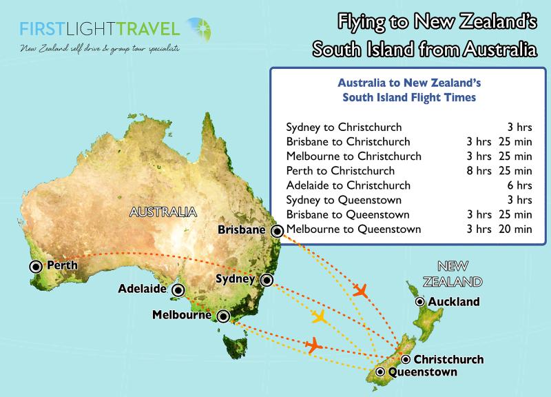 Map showing flight routes into New Zealand from Australia.
