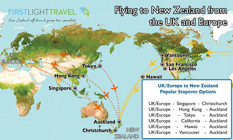 Map showing the flight paths from the UK and Europe into New Zealand