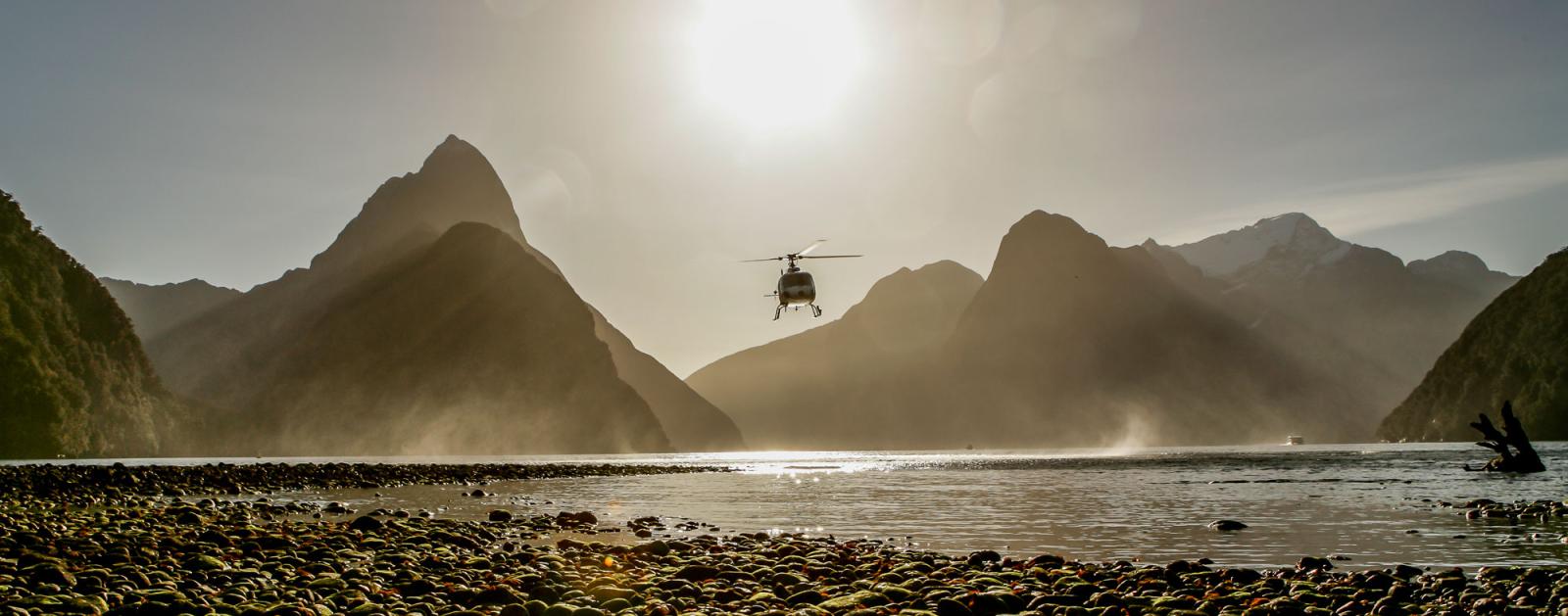 Sunset helicopter flight over Fiordland