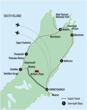 Tour Map: Top of the South Island Tour Itinerary