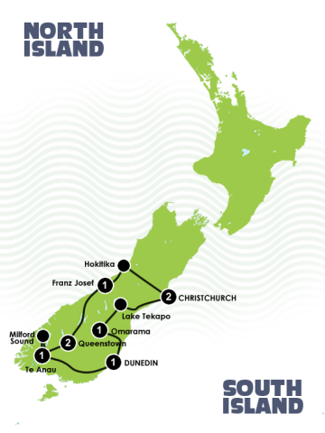 9 Days Southern Wonders Christchurch to Christchurch Itinerary Map