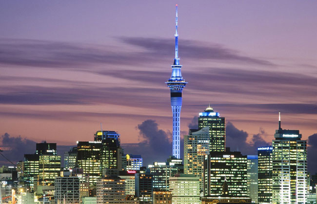 Auckland's skyline in the evening sky.