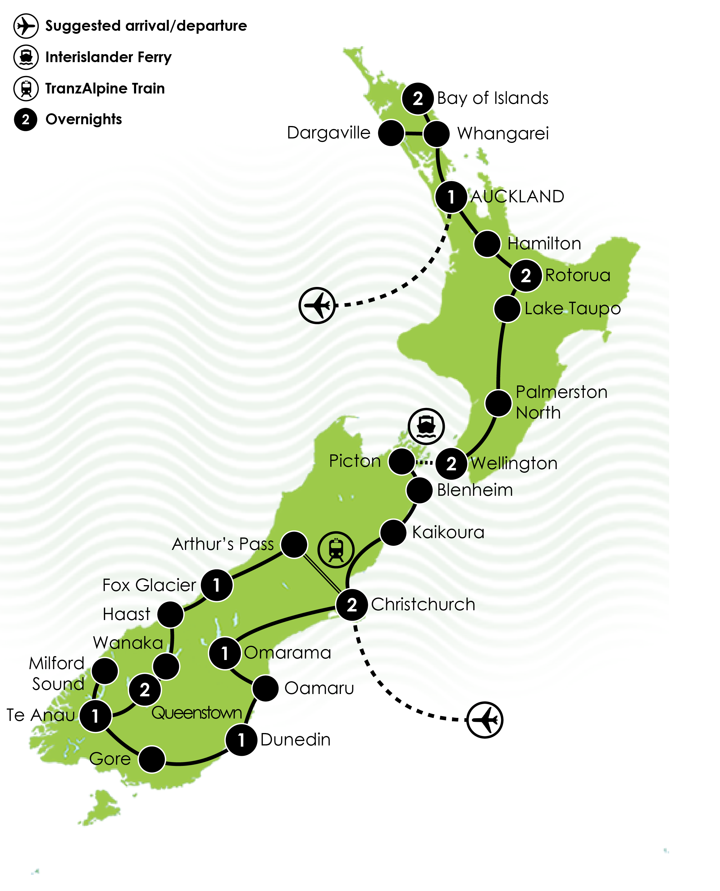Highlights of New Zealand Tour Map