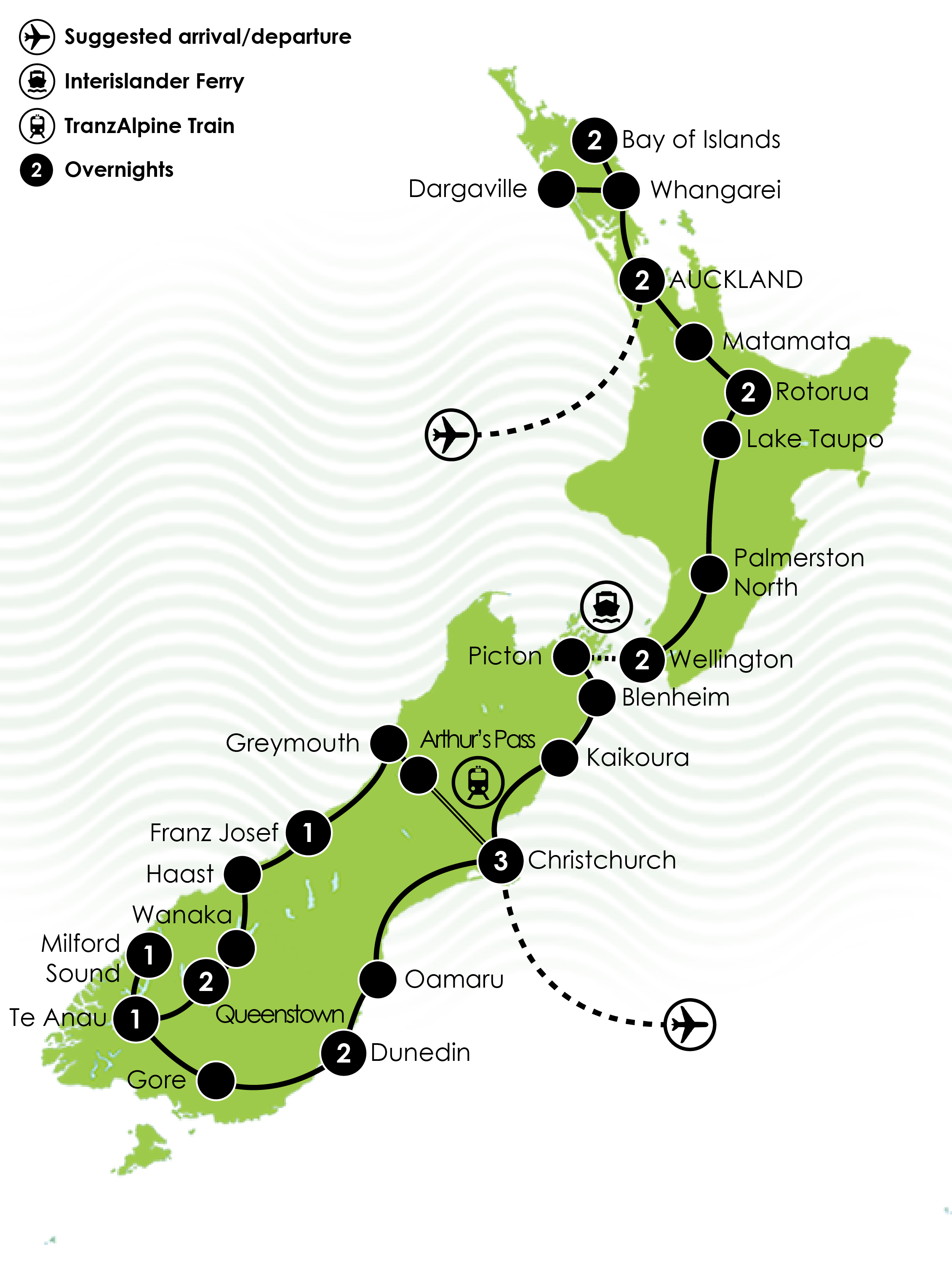 New Zealand Rail, Cruise & Coach Tour Map