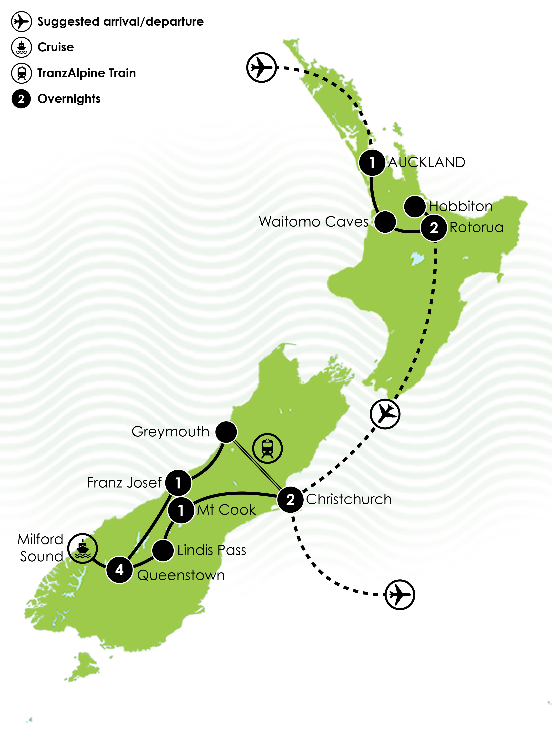 12 Day Highlights of New Zealand Map