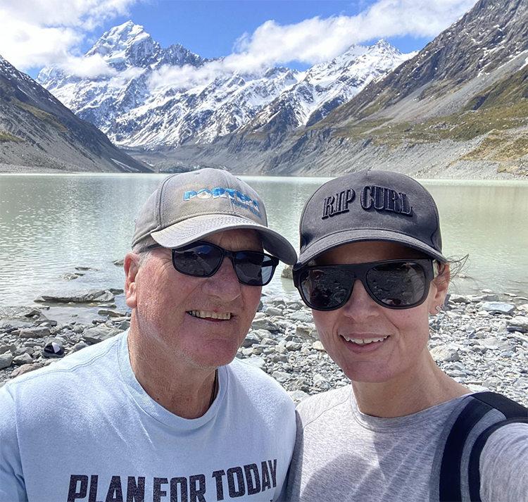 Yours truly John Dunne standing at Hooker Lake on the Hooker Valley track with Mt Cook behind us.