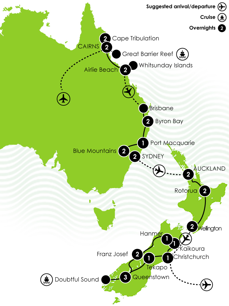 Tour Map: 29 Days G Adventure - Highlights of Australia & New Zealand