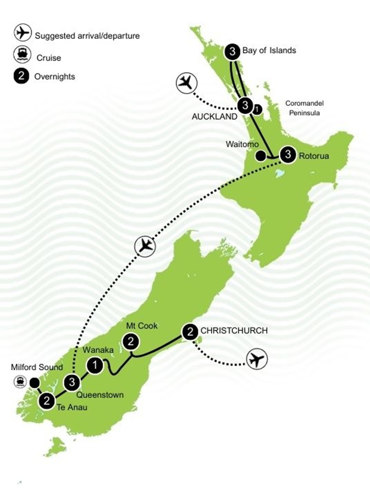 NZ Family Adventure with Young Adults Tour Map