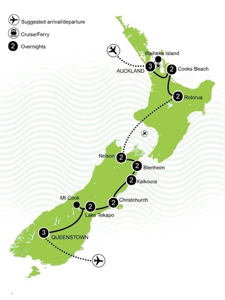 Luxury New Zealand Honeymoon Tour Map