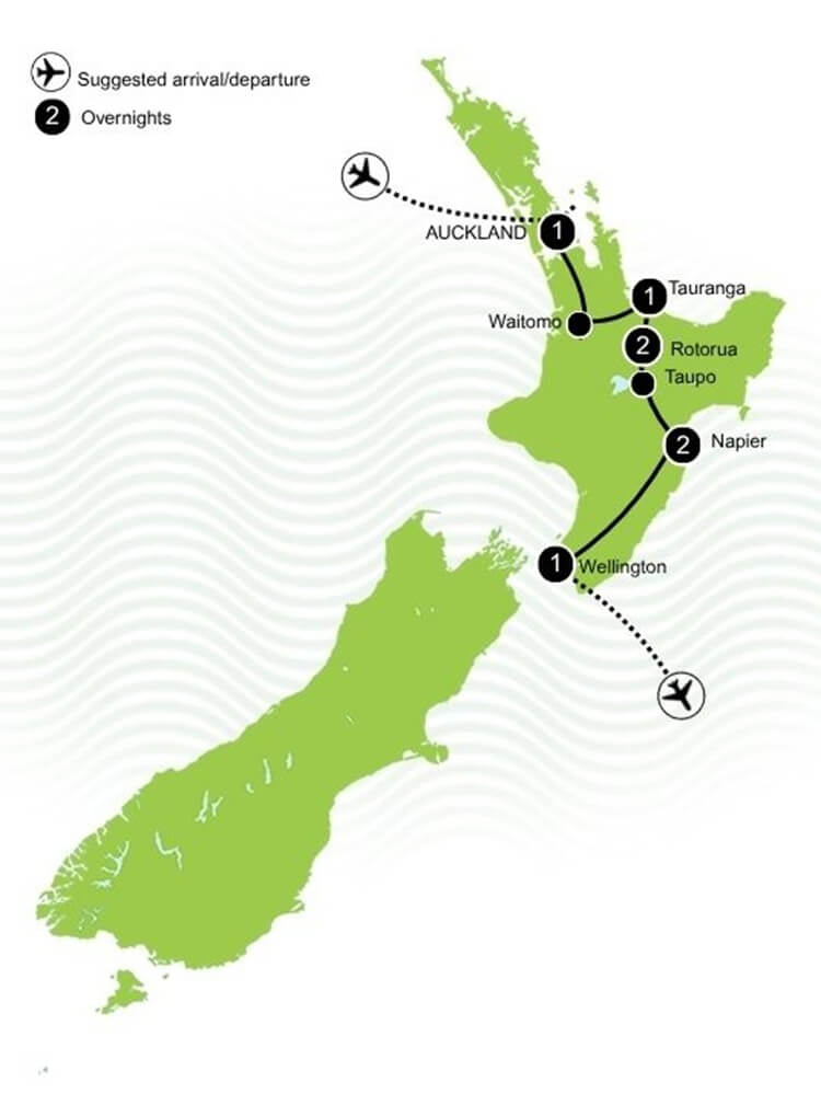 North Island Essential Highlights Tour Map