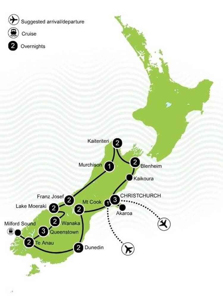 Grand South Island Privately Guided Adventure Tour Map