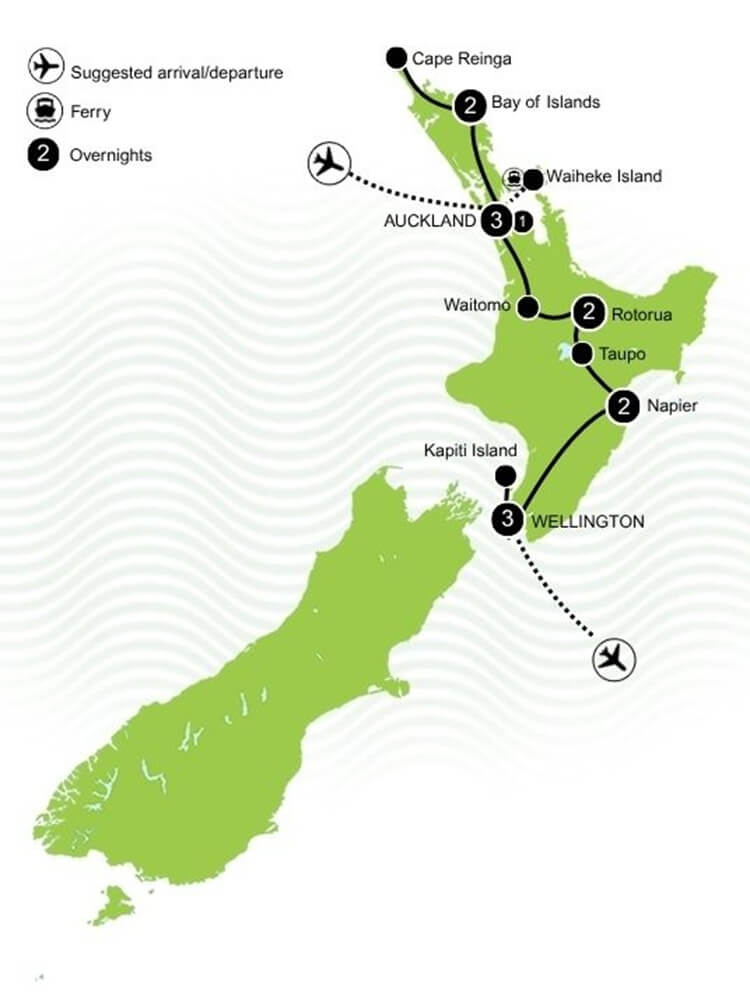 North Island Highlights Tour Map