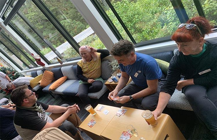 Relaxing playing cards at the lodge