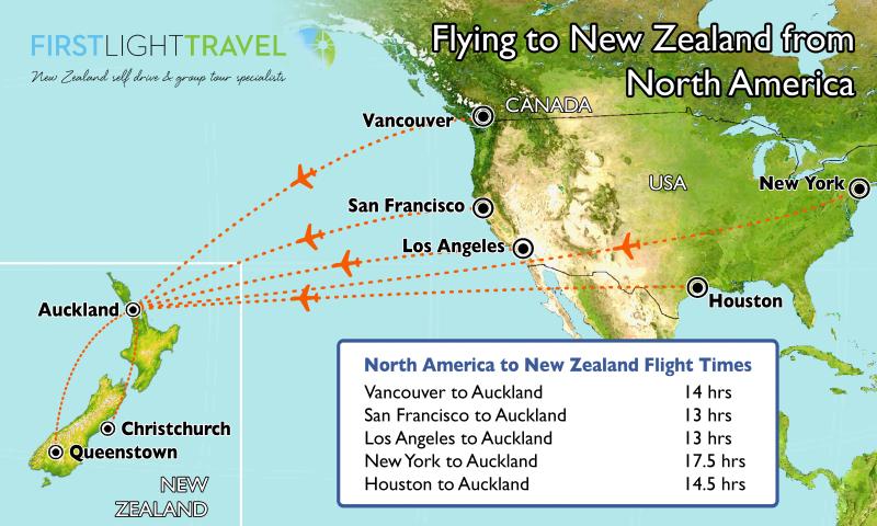 Map showing flight times to NZ from North America