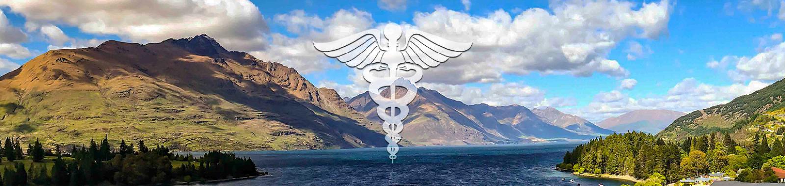 Accident and Doctors international symbol sitting over beautiful photo of NZ