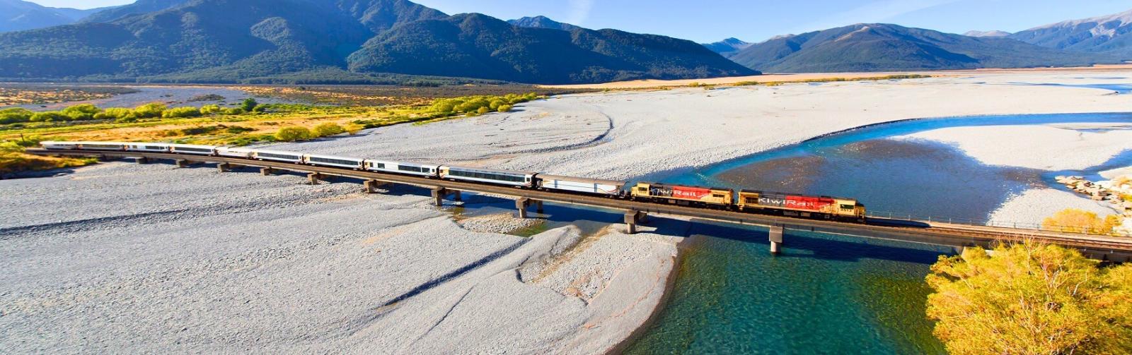 Train crossing the Waimakariri River in New Zealand