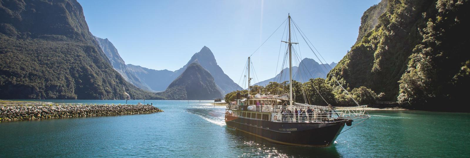 Cruise ship coming into Milford Sound