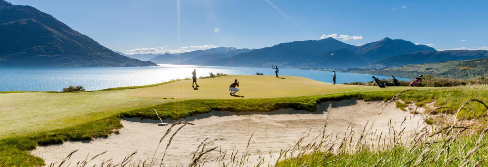A sunny day playing golf at Jacks Point looking over Lake Wakatipu 