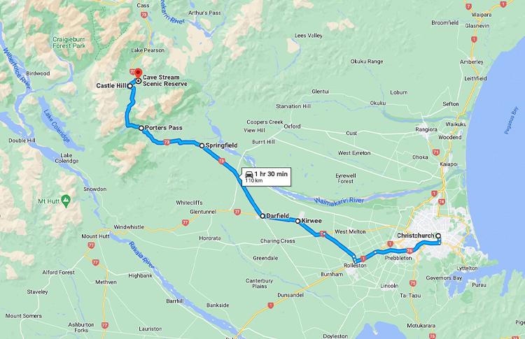 Map showing route from Christchurch to Castle Hill