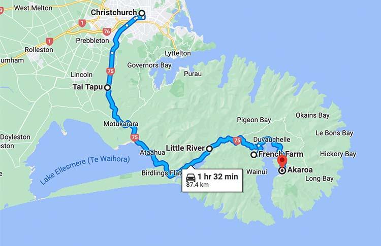 Map of route to Akaroa