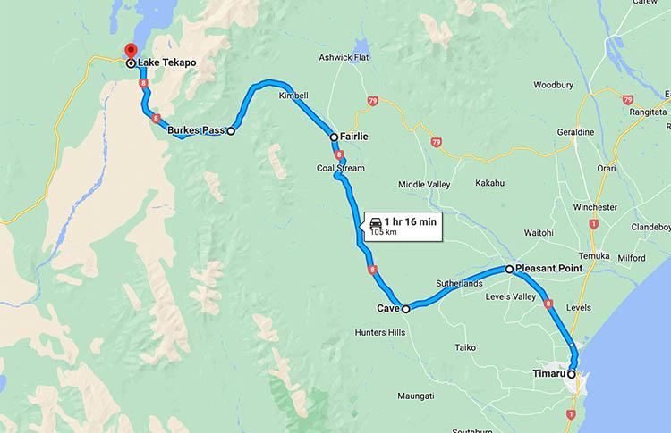 Map showing the route along SH8 from Timaru to Tekapo