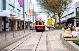 Heritage Tram moving through the streets Christchurch City Centre