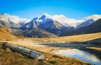 Tranzalpine Train passing by Lake Sarah