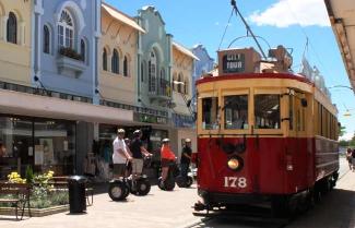 Red Tram in Christchurch as it moves around the city