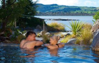 Enjoying Rotorua's thermal hot-springs.