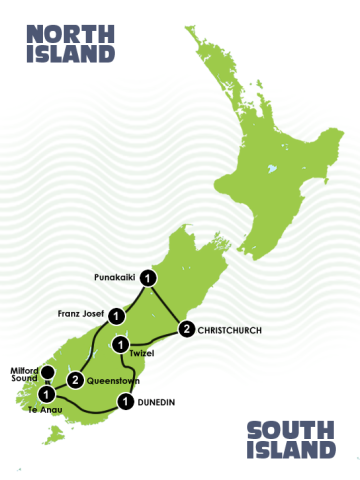 Map - 10 Days Southern Spectacular Itinerary 10 Days Southern Spectacular Christchurch to Christchurch itinerary Map