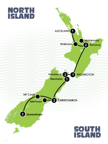 LOTR tours New Zealand map map of 13 Day New Zealand LOTR self drive tour