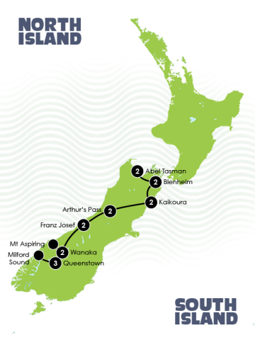 Luxury New Zealand lodges tour map. Luxury South Island New Zealand self drive lodge tour.