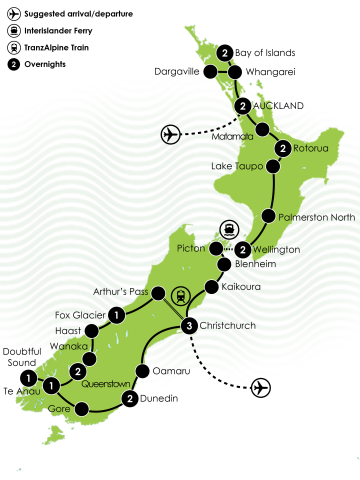 New Zealand's Ultimate Rail, Cruise & Coach Tour Large Map