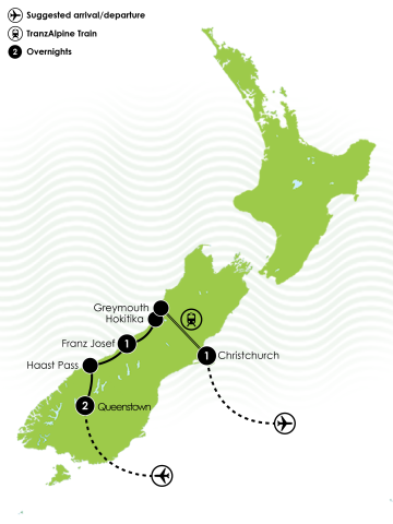 5 Day Queenstown, West Coach & TranzAlpine Large Map