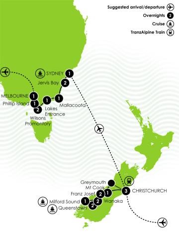 New Zealand & Australia Self Drive Tour Large Map