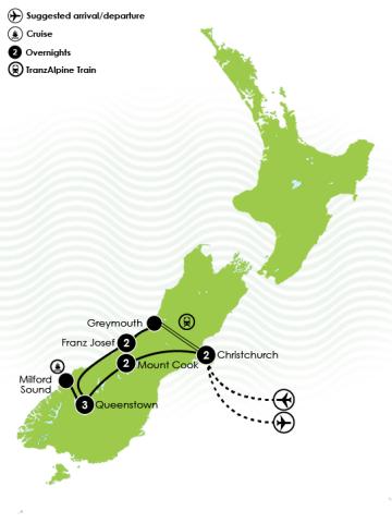 10 Day Highlights of the South Island Tour Large Map