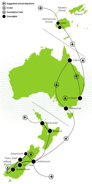 22 Day Contrasts of New Zealand, Australia & Fiji Large Map