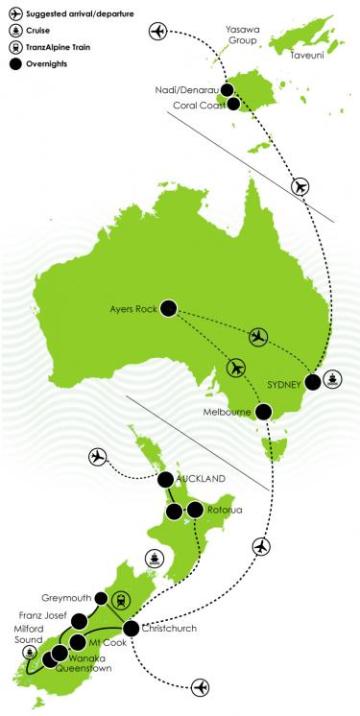 Map of 23 Day Highlights of New Zealand, Australia & Fiji