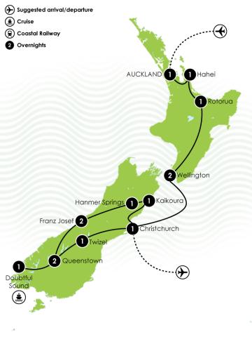 Map of 15 Day Highlights of New Zealand