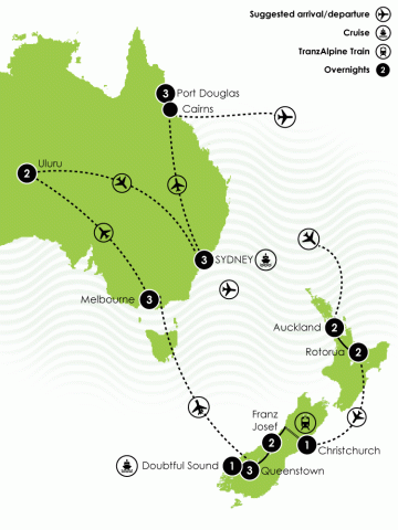 Map of the 23 Day National Geographic Iconic Australia & New Zealand