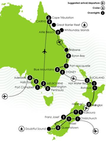 Map of Itinerary for G Adventure - Best of Down Under: Australia & New Zealand 