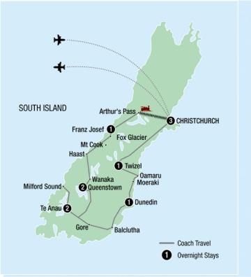 Map of 11 day Signature South Island Christmas tour