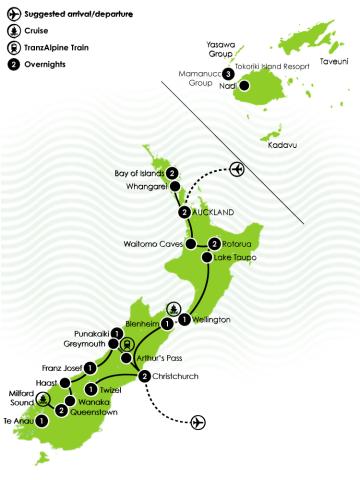 Tour Map: Two Week Best of NZ & Fiji