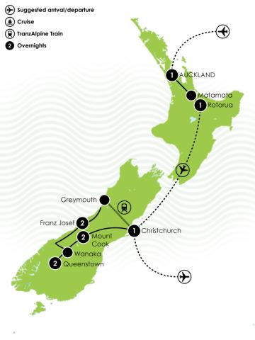 Tour Map: 10 Day Family Friendly North & South Island Highlights Route