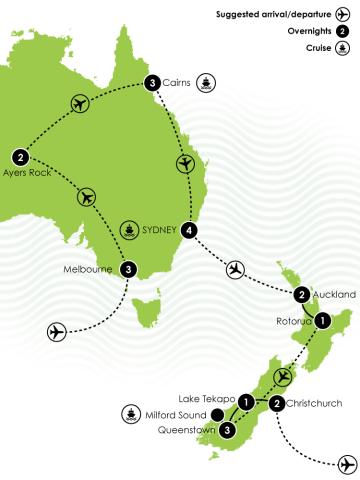 Tour Map: 22 Day Highlights of Australia & New Zealand