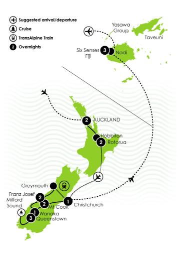 Map showing Highlights of New Zealand and Six Senses Fiji