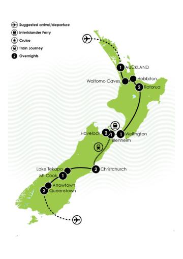 Tour Map: Tour of Middle Earth New Zealand (Coach, Ferry & Train)